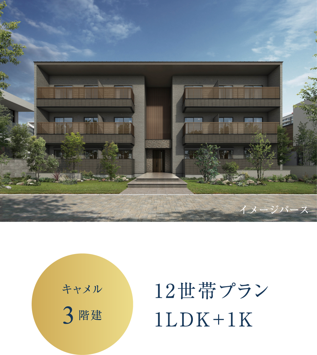 キャメル3階建、12世帯プラン、1LDK+1K